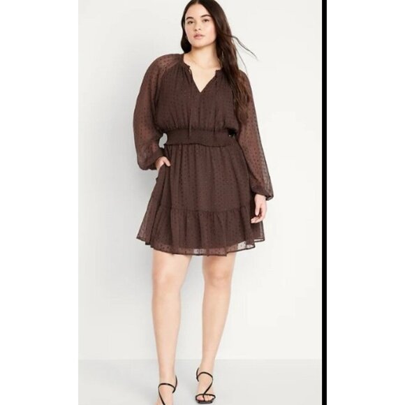 Old Navy Plus Size Dress Women 2X Brown Sheer Smocked Waist Ruffle Peasant - Picture 3 of 10